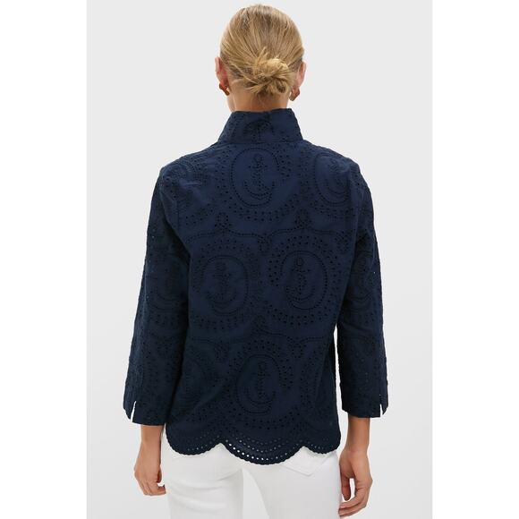 NOT FOR SALE - TUCKERNUCK Navy Nautical Eyelet Margot Stand Collar Blouse Size L - Picture 2 of 8